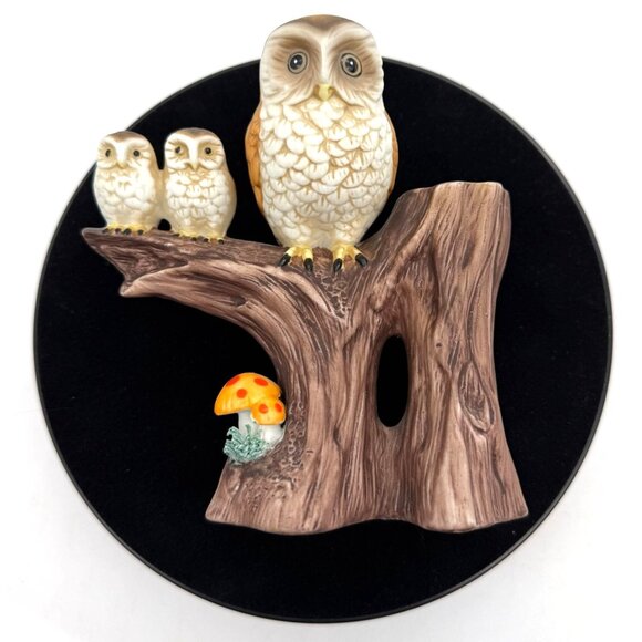 Vtg 70s Ardco Owl Family Bisque Porcelain Planter Bud Vase Tree Stump Mushroom - Picture 2 of 14